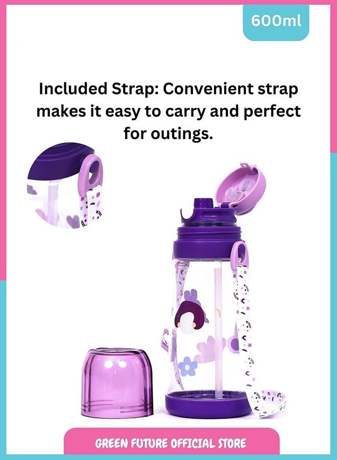 Little Angel Kids Water Bottle 600ml with Flip Straw, Lightweight, Leakproof, Portable with Adjustable Strap for School, Sports, and Travel - Color Purple - Image 3