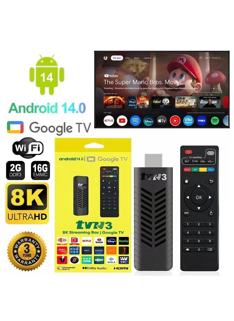 TVN - TVR3 Android 14.0 8K Ultra HD Smart Streaming Box – 8GB RAM 128GB ROM Media Player with Google TV Interface, Built-In Chromecast, Dolby Audio, Voice Control via Google Assistant – HDMI, Dual-Band WiFi, Bluetooth – Preloaded with Netflix, YouTube, Disney+ & More - Image 1
