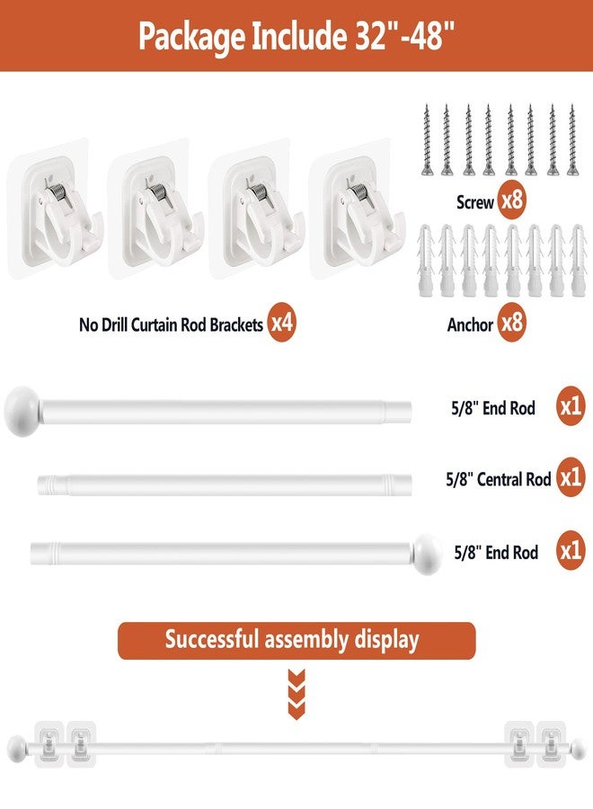 Tidisort Curtain Rods No Drilling for Windows Set 32 to 48 Inch,5/8 Inch Diameter Drapey Pole with No Drill Curtain Rod Brackets,Renter Friendly Cortineros Para Ventanas with Adhesive Holder Hook (White) - Image 4
