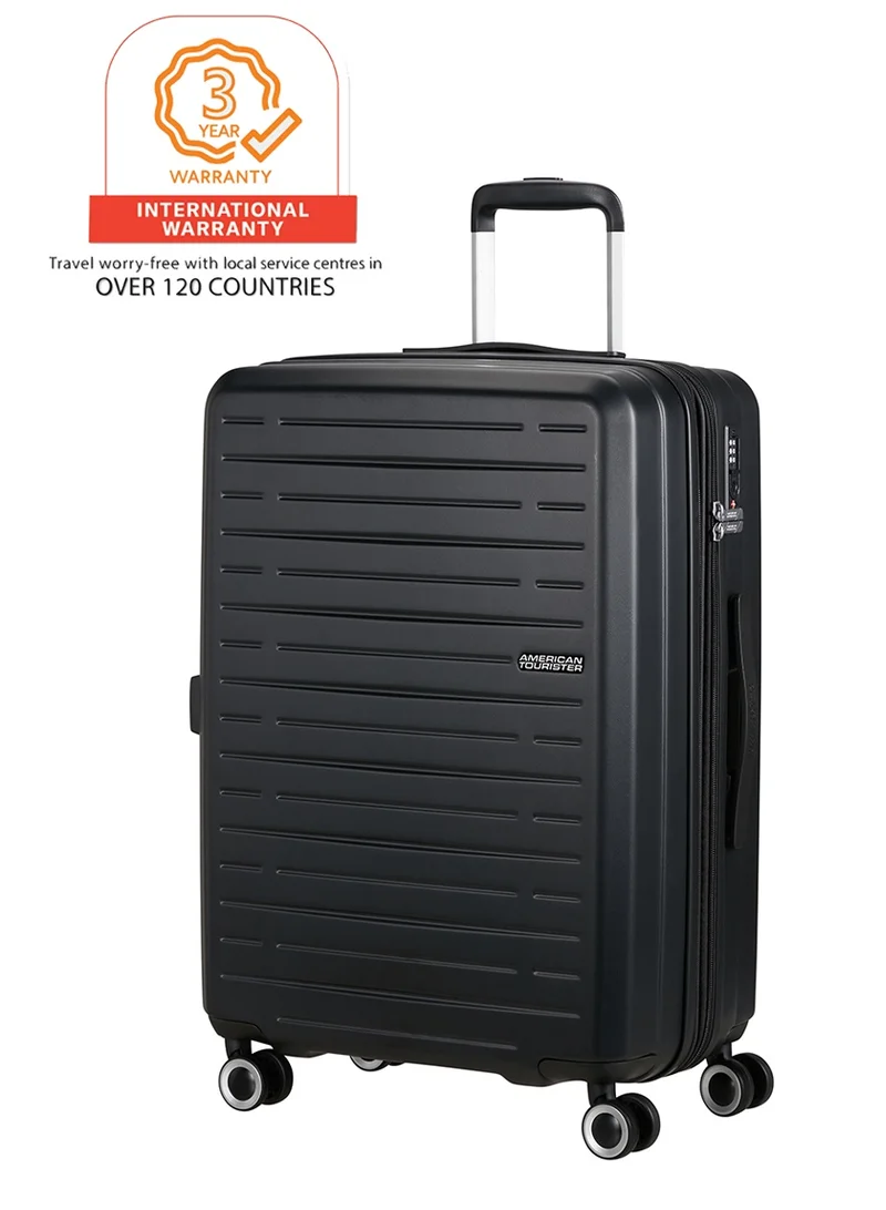 AMERICAN TOURISTER Aerojoy Suitcase, Check-In Size 66 cm / 25 inch, 4 Wheels, Hard Top, ABS, Black|TSA Lock|Inner Mesh Zippered Divider|Expandable|Cross Ribbons|Lightweight - 3 Years International Warranty