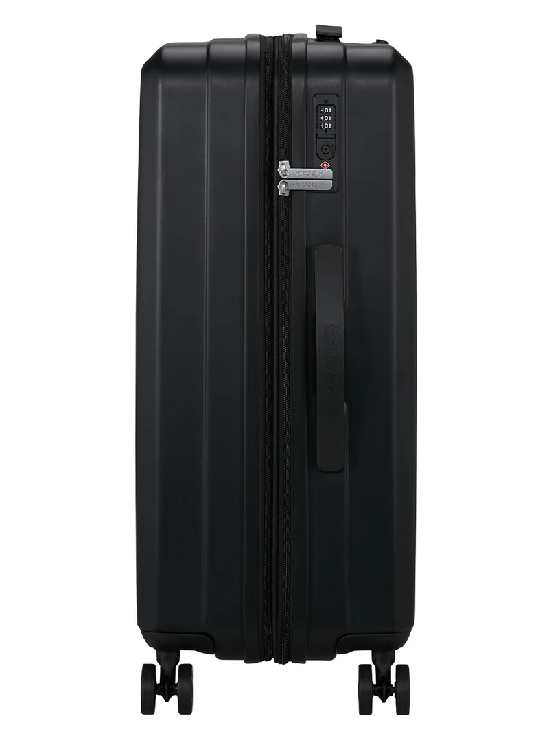 AMERICAN TOURISTER Aerojoy Suitcase, Check-In Size 66 cm / 25 inch, 4 Wheels, Hard Top, ABS, Black|TSA Lock|Inner Mesh Zippered Divider|Expandable|Cross Ribbons|Lightweight - 3 Years International Warranty