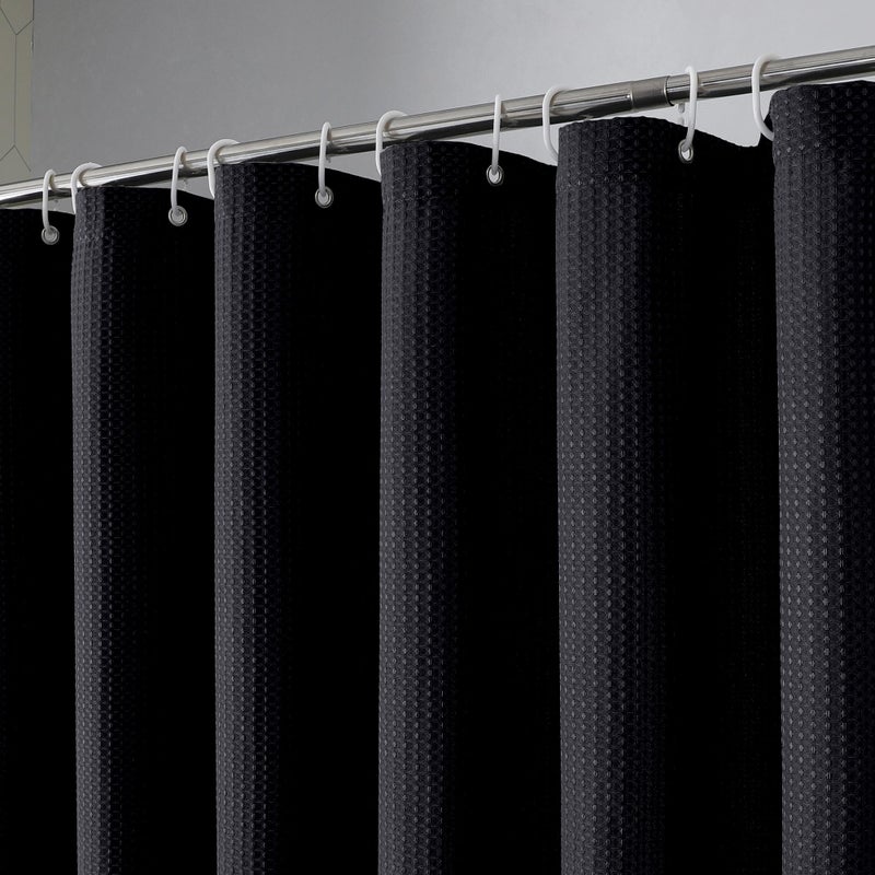OVZME Black Shower Curtain Set Waffle Textured Heavy Duty Fabric Shower Curtain for Bathroom Luxury Hotel Weighted 230GSM Bath Curtain with 12 Plastic Hooks Machine Washable 72x72