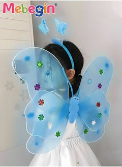 MEBEGIN 4 PCS LED Glowing Butterfly Wings Back Decoration with 1 Headband 1 Skirt 1 Fairy Stick for Little Girl,Light Up luminous Costume for Party Photo Prop Party Favor (Blue)  - Image 2