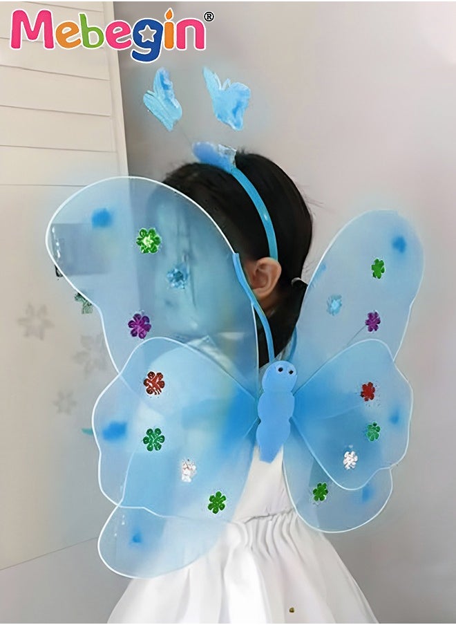 MEBEGIN 4 PCS LED Glowing Butterfly Wings Back Decoration with 1 Headband 1 Skirt 1 Fairy Stick for Little Girl,Light Up luminous Costume for Party Photo Prop Party Favor (Blue)  - Image 2