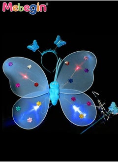 MEBEGIN 4 PCS LED Glowing Butterfly Wings Back Decoration with 1 Headband 1 Skirt 1 Fairy Stick for Little Girl,Light Up luminous Costume for Party Photo Prop Party Favor (Blue)  - Image 3