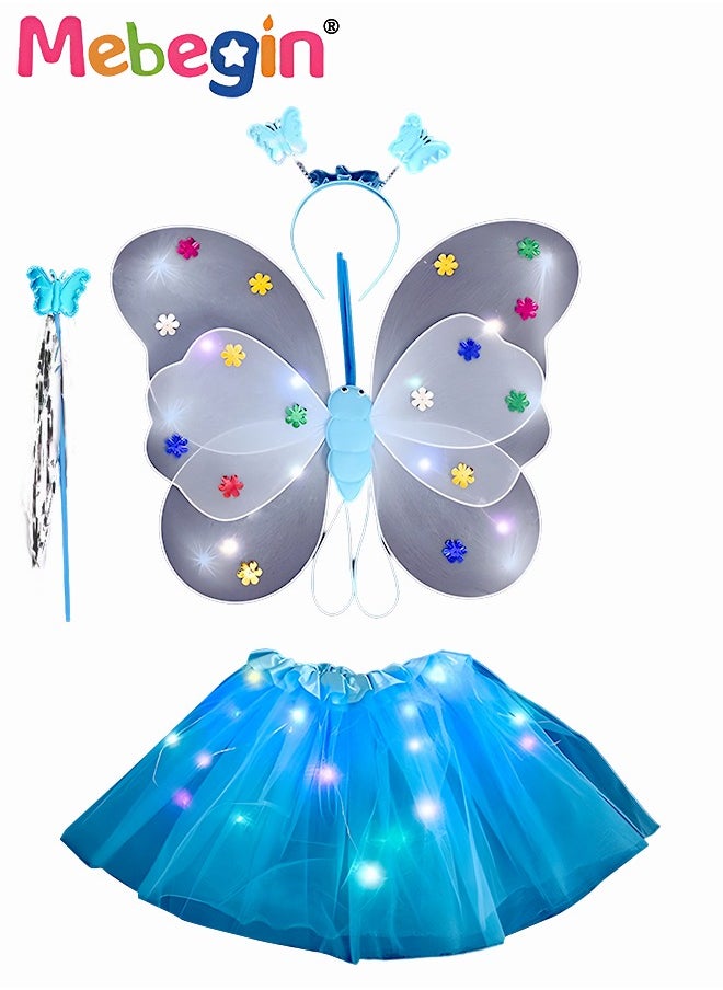 MEBEGIN 4 PCS LED Glowing Butterfly Wings Back Decoration with 1 Headband 1 Skirt 1 Fairy Stick for Little Girl,Light Up luminous Costume for Party Photo Prop Party Favor (Blue)  - Image 4