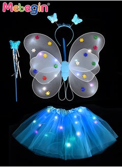 MEBEGIN 4 PCS LED Glowing Butterfly Wings Back Decoration with 1 Headband 1 Skirt 1 Fairy Stick for Little Girl,Light Up luminous Costume for Party Photo Prop Party Favor (Blue)  - Image 1