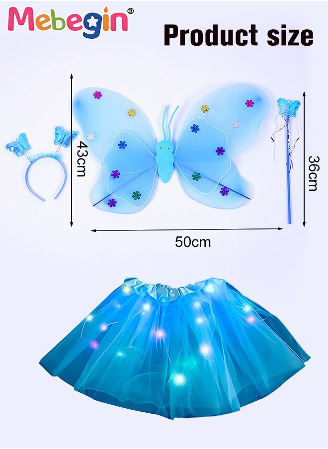 MEBEGIN 4 PCS LED Glowing Butterfly Wings Back Decoration with 1 Headband 1 Skirt 1 Fairy Stick for Little Girl,Light Up luminous Costume for Party Photo Prop Party Favor (Blue)  - Image 5
