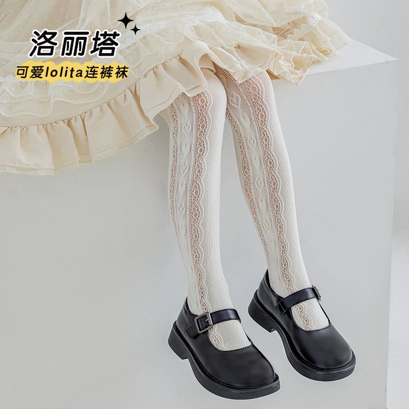 Children'S Pantyhose Love Thin Hollow Mesh Leggings White Lolita Style Baby Western Style Lace Pantyhose - Image 1