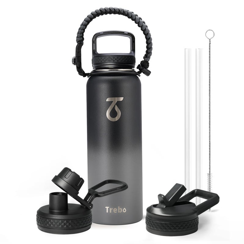Trebo 40oz Insulated Water Bottle with Paracord Handle and Straw Vacuum Double Wall Stainless Steel Water Jug Keep Cold 48 Hours  Water Flask with 3 Lids for Car  Sports  Travel - Image 1