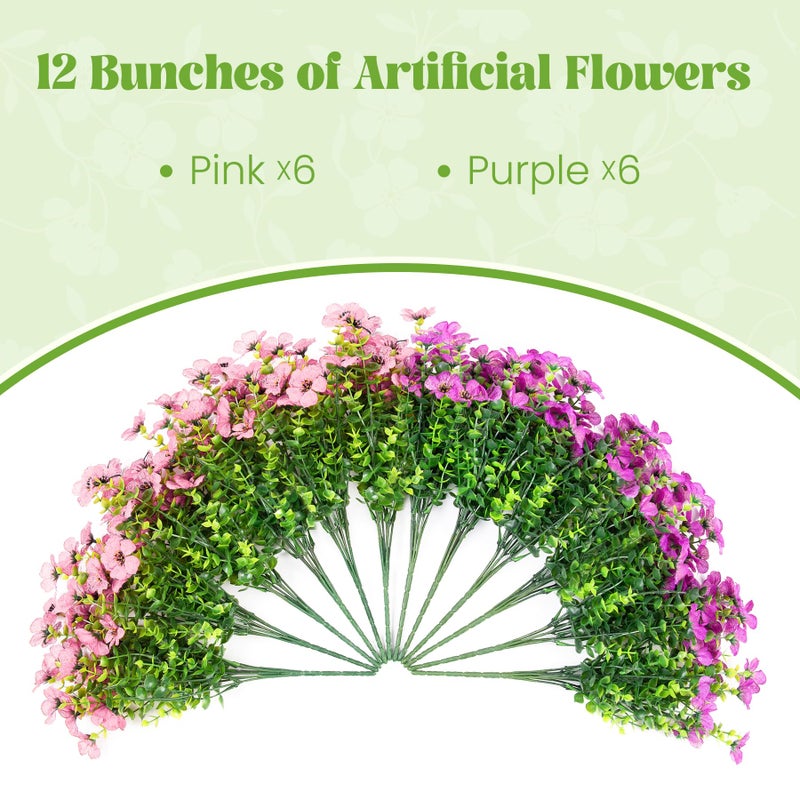 Ammyoo Artificial Fake Plants Flowers for Outdoor Spring Decor, 12 Bundles Faux Silk Mums for Planter Pot Colorful UV Resistant Look Real for Front Door Porch Patio Outside Yard(Purple Pink) - Image 3