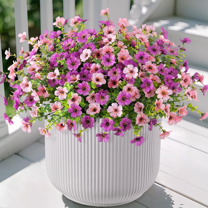 Ammyoo Artificial Fake Plants Flowers for Outdoor Spring Decor, 12 Bundles Faux Silk Mums for Planter Pot Colorful UV Resistant Look Real for Front Door Porch Patio Outside Yard(Purple Pink) - Image 1