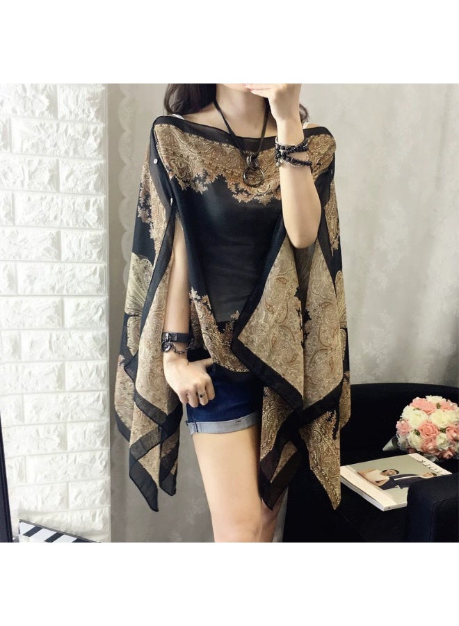 Retro black and brown paisley print shawl, made of light and breathable chiffon fabric, with a V-neck design and an irregular hem, combining sun protection and fashion, a good helper for dressing up, 155*100cm - Image 2