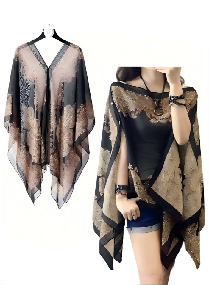 Retro black and brown paisley print shawl, made of light and breathable chiffon fabric, with a V-neck design and an irregular hem, combining sun protection and fashion, a good helper for dressing up, 155*100cm - Image 1