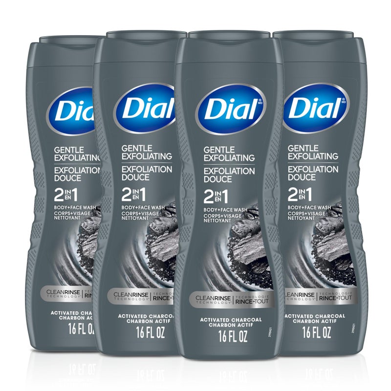 Dial Men 2 in 1 Body and Face Wash, Activated Charcoal, 16 Fl Oz, Pack of 4, Gentle Exfoliating Body Wash with Clean Rinse Technology - Image 1
