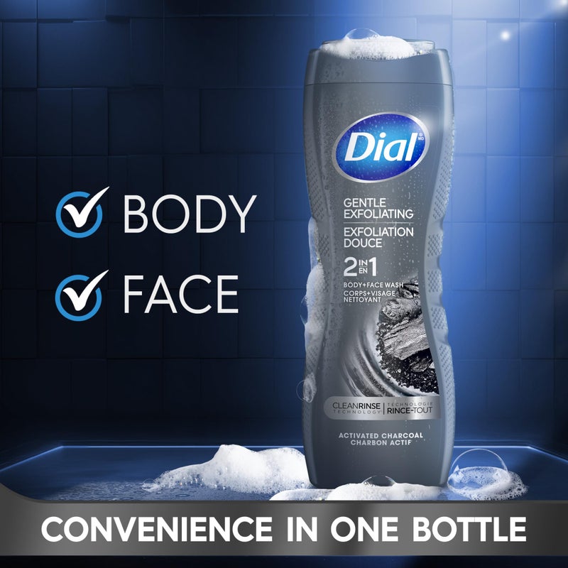 Dial Men 2 in 1 Body and Face Wash, Activated Charcoal, 16 Fl Oz, Pack of 4, Gentle Exfoliating Body Wash with Clean Rinse Technology - Image 2