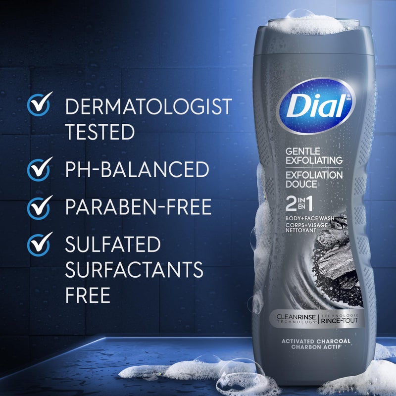 Dial Men 2 in 1 Body and Face Wash, Activated Charcoal, 16 Fl Oz, Pack of 4, Gentle Exfoliating Body Wash with Clean Rinse Technology - Image 4