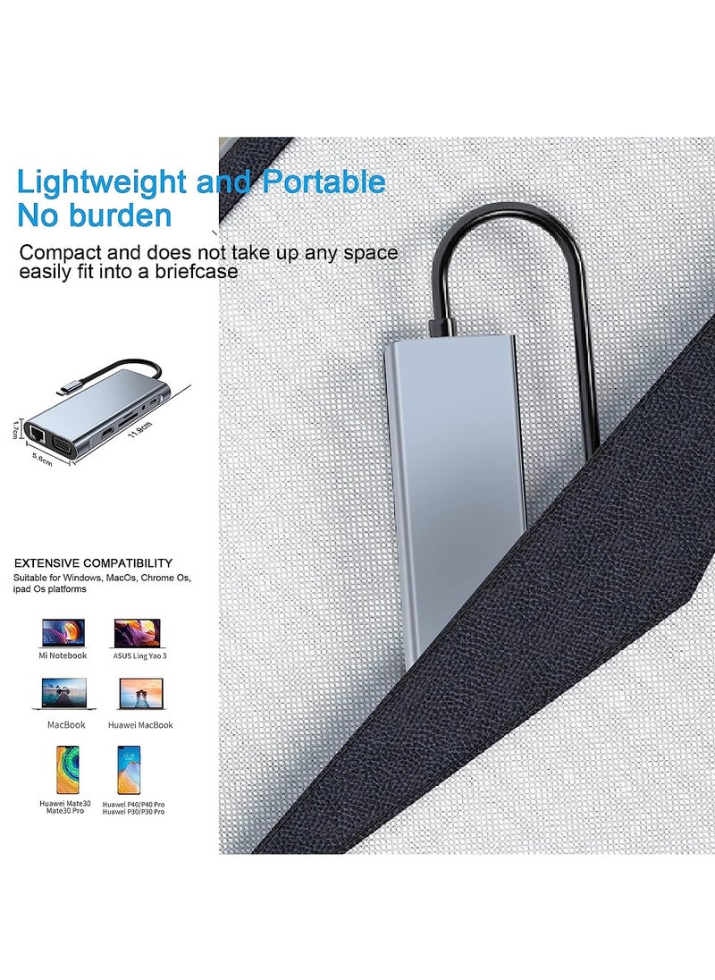 Generic - USB C HUB, USB C Adapter 11 in 1 Dongle with 4K HDMI, VGA, Type C PD, USB3.0, RJ45 Ethernet, SD/TF Card Reader, 3.5mm AUX, Docking Station Compatible with MacBook Pro/Air, Other Type C Laptops Devices - Image 1
