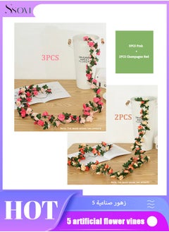 Ssovi Artificial Flower Ivy Vines, 5 Pieces 45 Rose Vines Simulation Plant Vine Decoration, DIY Hanging Ivy Fake Flowers Suitable for Wedding Venue Props (3 Pieces Pink + 2 Pieces Champagne Sunset Red)  - Image 1