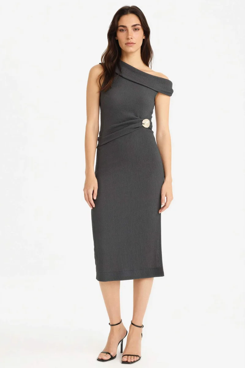Regular Fit Crepe One Shoulder Midi Dress