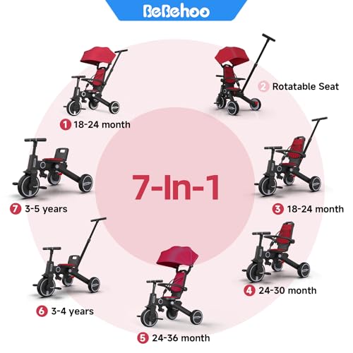 Bebehoo Tricycle Stroller for ToddlerFoldable Baby TricycleKids Balance Bike with Push HandleToddlers Stroller Bike with 1 to 5 Years7in1 Push Tricycle Bike for Kids Red - Image 5