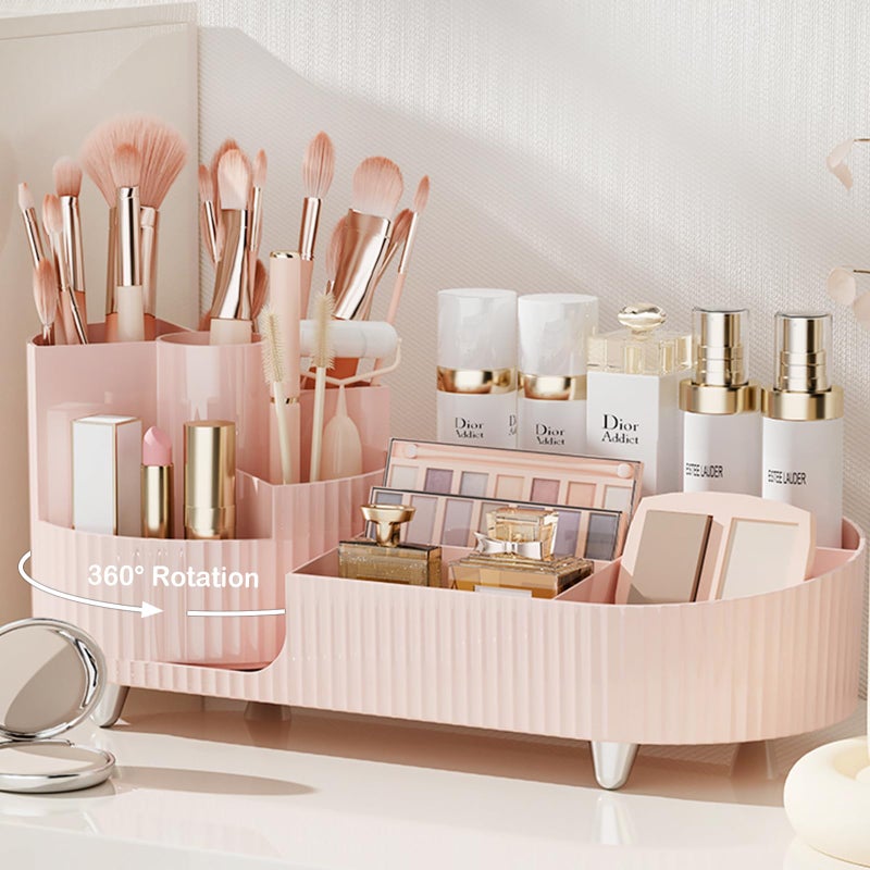 COMFYROOM Pink Rotating Vanity Organizer with Brush Holder - Large Spinning Cosmetic Storage, Countertop Makeup & Skincare Organizer, Perfume & Lotions Display Case - Image 1