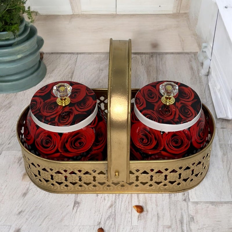 COOPTIC Elegant Dual Jar Set with Decorative Golden Basket | Handcrafted Iron Holder Featuring Traditional Art | Ideal for Kitchen Storage, Gifts & Festive Home Décor (Big-Roses) - Image 1