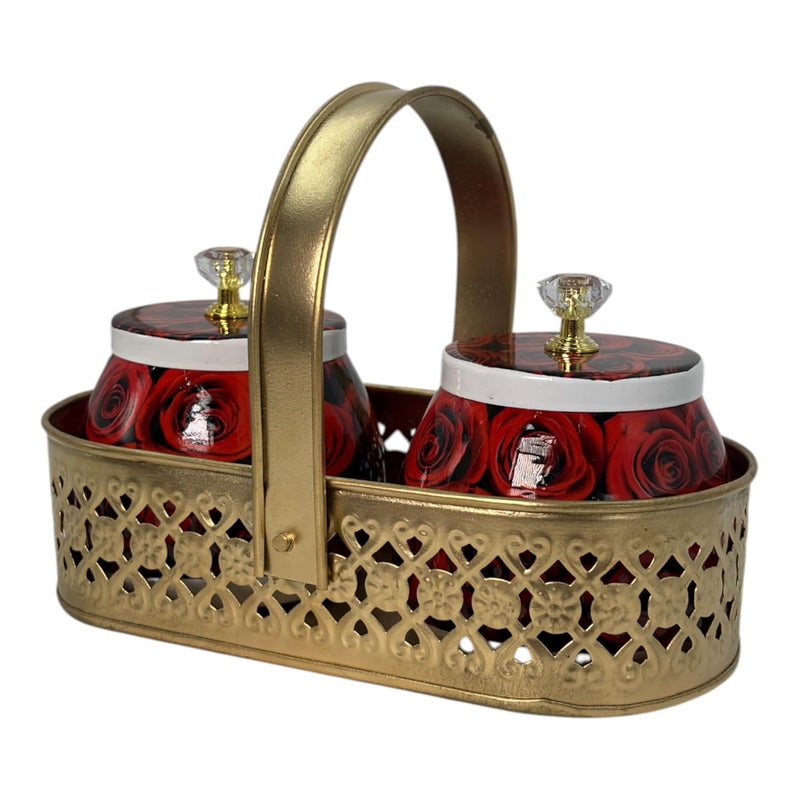 COOPTIC Elegant Dual Jar Set with Decorative Golden Basket | Handcrafted Iron Holder Featuring Traditional Art | Ideal for Kitchen Storage, Gifts & Festive Home Décor (Big-Roses) - Image 3