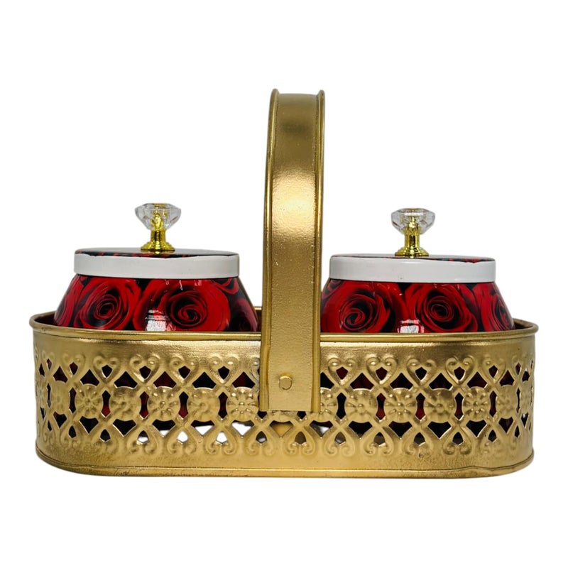COOPTIC Elegant Dual Jar Set with Decorative Golden Basket | Handcrafted Iron Holder Featuring Traditional Art | Ideal for Kitchen Storage, Gifts & Festive Home Décor (Big-Roses) - Image 4