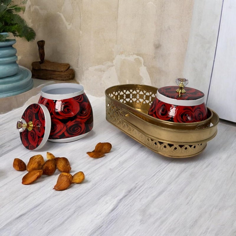 COOPTIC Elegant Dual Jar Set with Decorative Golden Basket | Handcrafted Iron Holder Featuring Traditional Art | Ideal for Kitchen Storage, Gifts & Festive Home Décor (Big-Roses) - Image 2