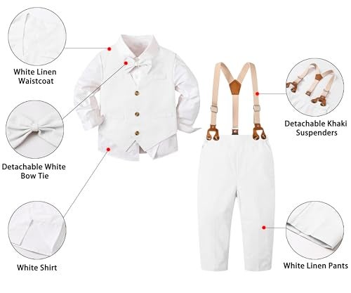 SANGTREE Boys Gentleman Bowtie Formal Outfit V Neck Vest Wedding Party Suit Linen White 912 Months Tag 70 - Image 3
