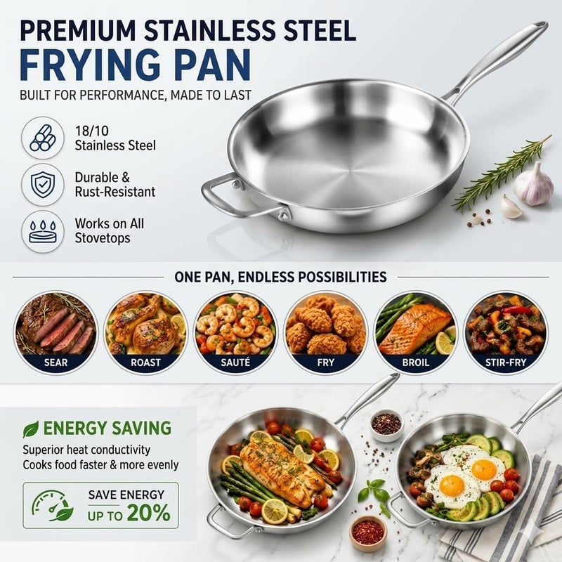 DELARLO Stainless Steel Pan 12 inch & 14 inch, Frying Pan with Lid, Heavy Duty, PTFE & PFOA Free, Compatible with Induction, Electric up to 650℉, Fast & Even Heating, Dishwasher, Oven Safe Skillet - Image 3
