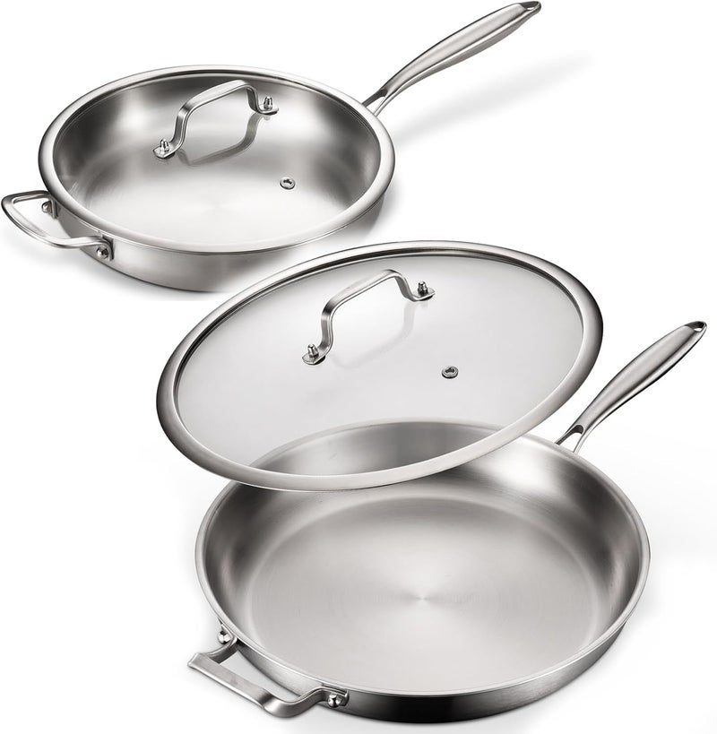 DELARLO Stainless Steel Pan 12 inch & 14 inch, Frying Pan with Lid, Heavy Duty, PTFE & PFOA Free, Compatible with Induction, Electric up to 650℉, Fast & Even Heating, Dishwasher, Oven Safe Skillet - Image 1