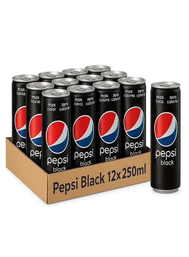 Pepsi Black Soft Drink – Zero Sugar Cola Beverage (Pack of 12) 250ml Cans By COUGAR | Bold Flavour Carbonated Drink | Slim Can Format for Easy Storage & Travel | Suitable for Parties, Meals, Refreshment & Sharing | (Imported) - Image 1