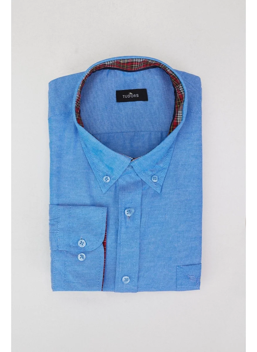 Tudors Men's Large Size Comfortable Cut Cotton Easy-Iron Button Collar Plain Blue Sports Shirt