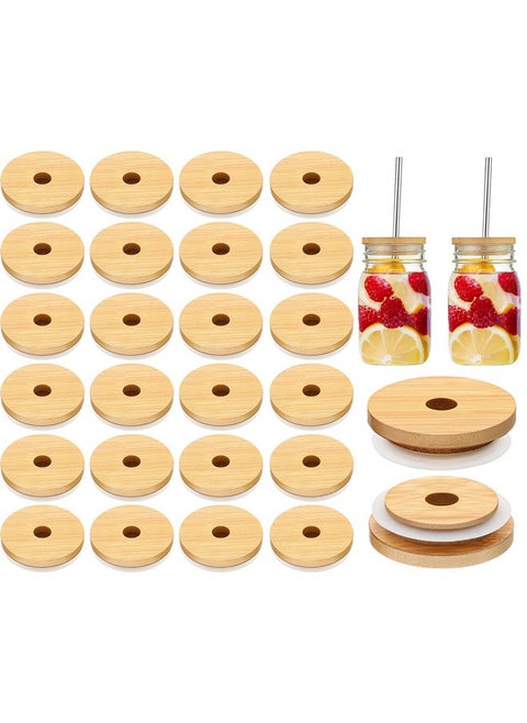 40 Pieces 70mm Bamboo Jar Lids Bulk with Straw Hole for Glass Cups Reusable Wooden Mason Jar Lids for Beer Can Cups, 2.76 Inch Lids with Silicone Ring for Regular Mouth Drinking Jars