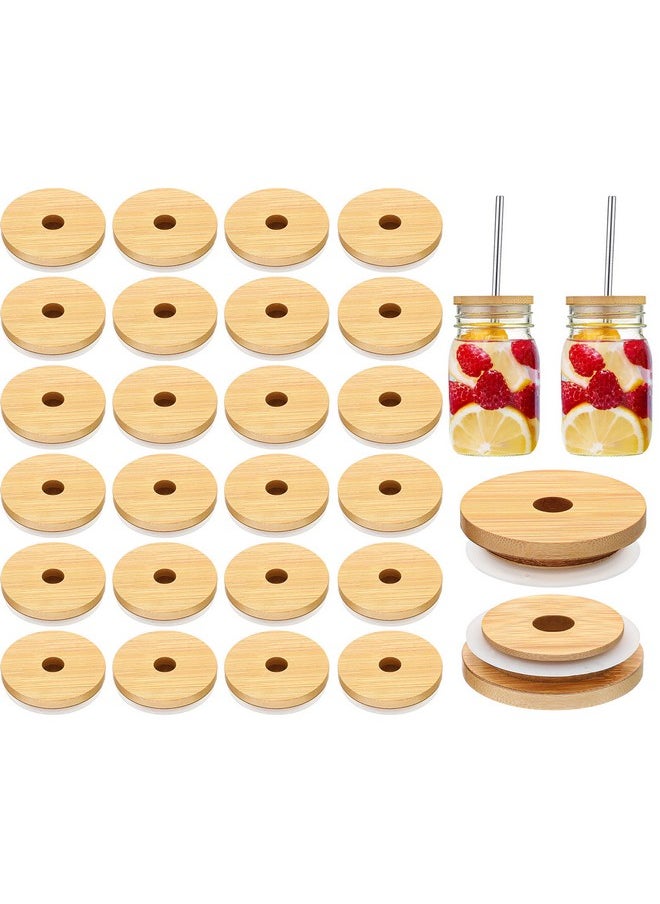 Cunhill - 40 Pieces 70mm Bamboo Jar Lids Bulk with Straw Hole for Glass Cups Reusable Wooden Mason Jar Lids for Beer Can Cups, 2.76 Inch Lids with Silicone Ring for Regular Mouth Drinking Jars - Image 1