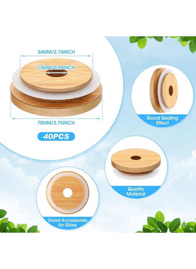 Cunhill - 40 Pieces 70mm Bamboo Jar Lids Bulk with Straw Hole for Glass Cups Reusable Wooden Mason Jar Lids for Beer Can Cups, 2.76 Inch Lids with Silicone Ring for Regular Mouth Drinking Jars - Image 1