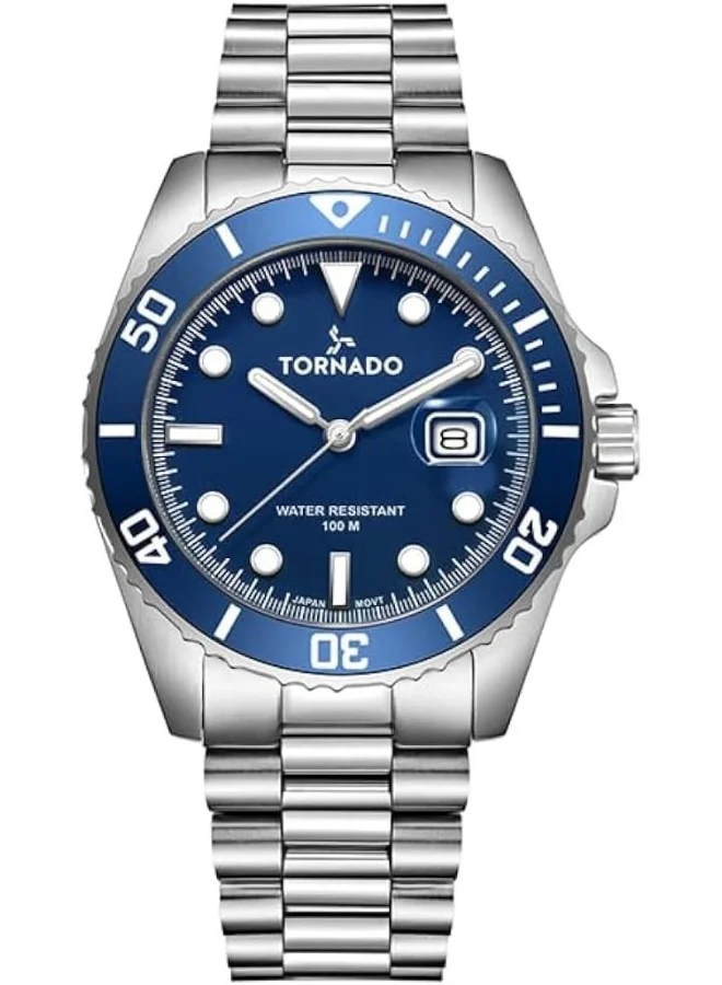 TORNADO Tornado Men's Miyota 2115 Movement Watch, Analog Display and Solid Stainless Steel, Brushed And Polished Bracelet Strap - T22001-SBSN, Silver