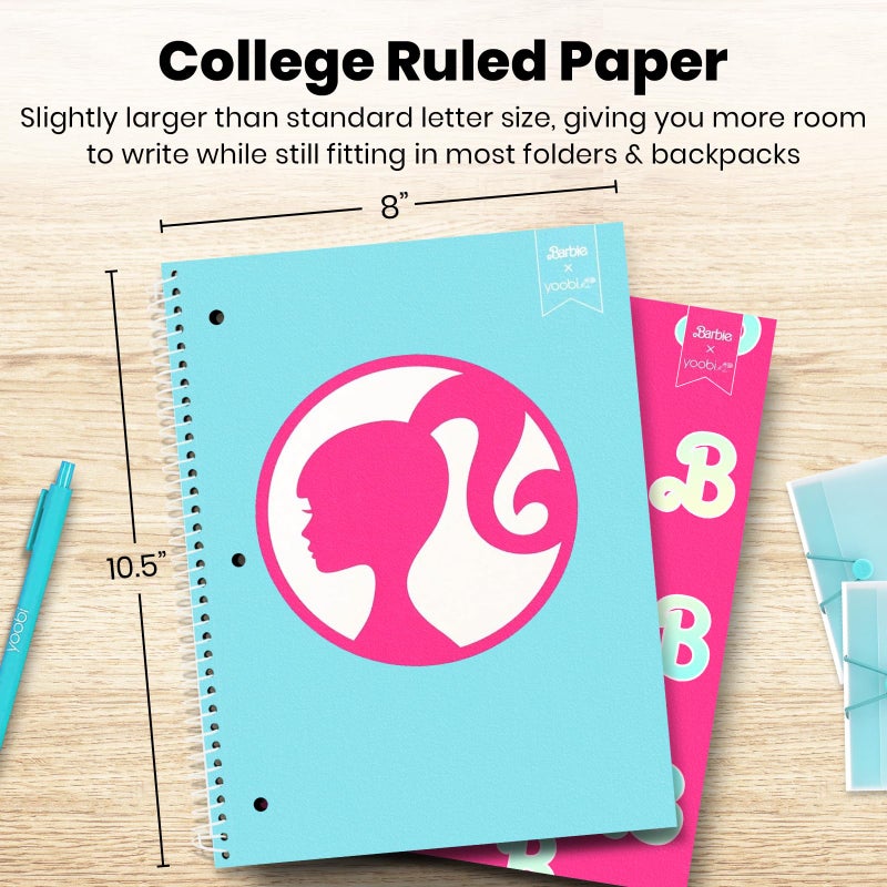 Yoobi Barbie X College Ruled Spiral Notebook Set â€“ 3-Pack of 1 Subject Notebooks, Pink, Blue & Peach Barbie Designs â€“ 100 Perforated 3-Hole Punched Sheets â€“ 10.5â€ x 8â€ - Image 3