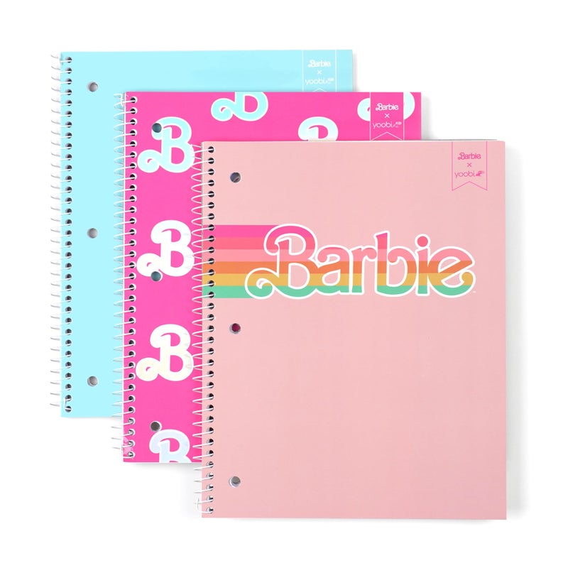 Yoobi Barbie X College Ruled Spiral Notebook Set â€“ 3-Pack of 1 Subject Notebooks, Pink, Blue & Peach Barbie Designs â€“ 100 Perforated 3-Hole Punched Sheets â€“ 10.5â€ x 8â€ - Image 1