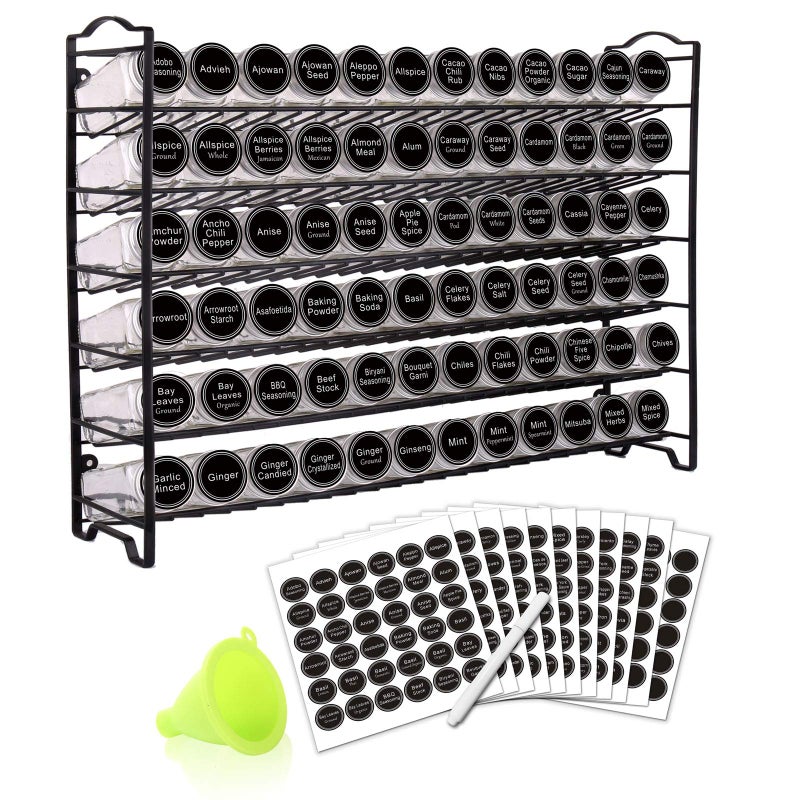 SWOMMOLY Spice Rack Organizer with 72 Empty Square Spice Jars, 340 Spice Labels with Chalk Marker and Funnel Complete Set,for Countertop,Cabinet or Wall Mount, Black - Image 1