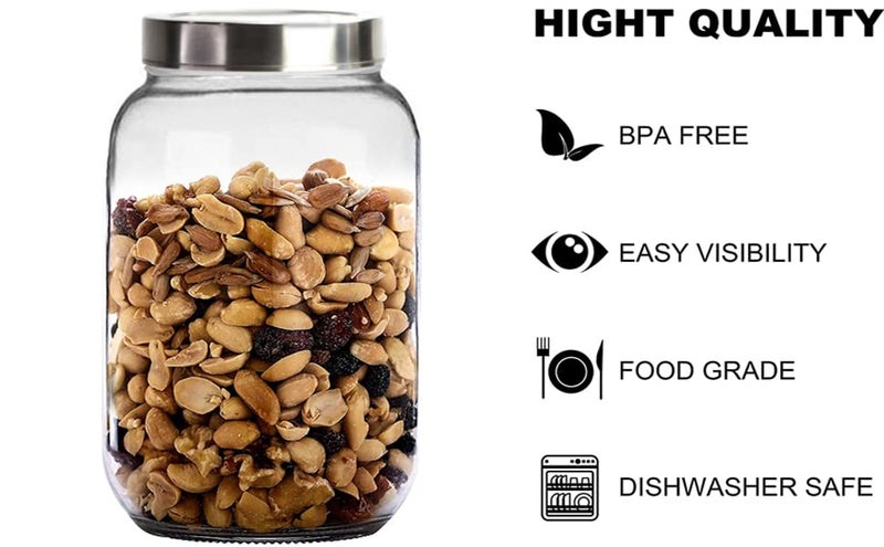 Vency Glass Round Shape Transparent Glass Jars & Containers for Kitchen Pantry, Snacks, Masala, Pickles, Dry Fruits, Coffee Beans Storage with Steel Lid (Set Of 2) (2000ml Round Steel Cap) - Image 3