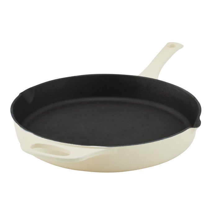 NITRO CAST IRON FRYING PANSKILLET WITH HELPER HANDLE AND POUR SPOUTS 12 INCH ALMOND