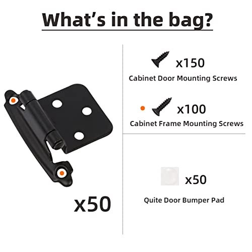 Decobasics 1/2" Overlay Matte Black Cabinet Hinges 50 Pack (25 Pair) Self Closing Bath & Kitchen Cabinet Hinges Black Flush Mount w/Door Bumpers & Upgraded Screws - Image 5