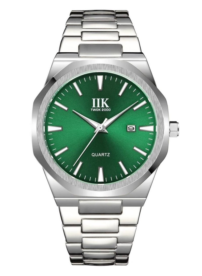 IIK Collection Men's Wrist Watch, Silver Band with Green Dial, And silver edges - Image 1