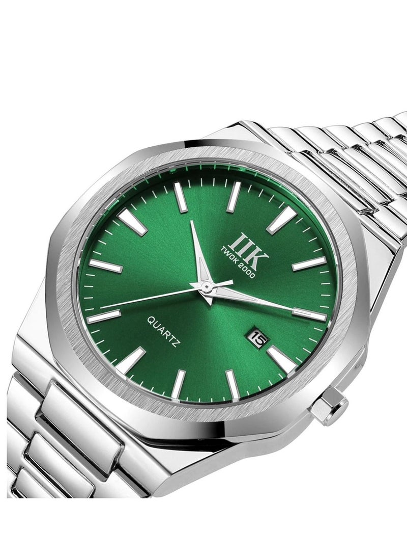 IIK Collection Men's Wrist Watch, Silver Band with Green Dial, And silver edges - Image 3