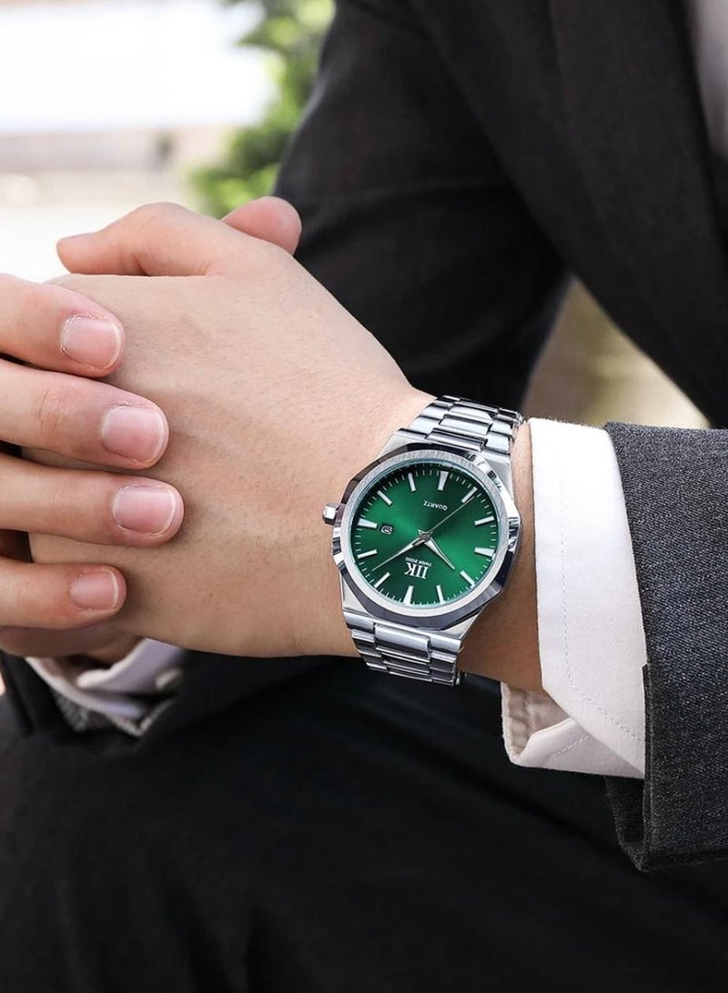 IIK Collection Men's Wrist Watch, Silver Band with Green Dial, And silver edges - Image 2