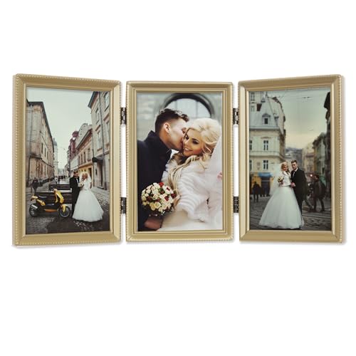 Lawrence Frames Antique Brass 4x6 Hinged Triple Picture Frame - Bead Border Design, Satin Gold - Image 1
