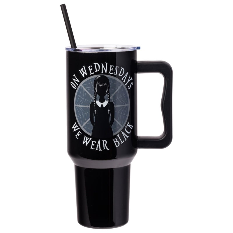 Silver Buffalo The Addams Family Wednesday On Wednesdays We Wear Black Stainless Steel Tumbler with Handle and Straw Fits in Standard Cup Holder 40 Ounces